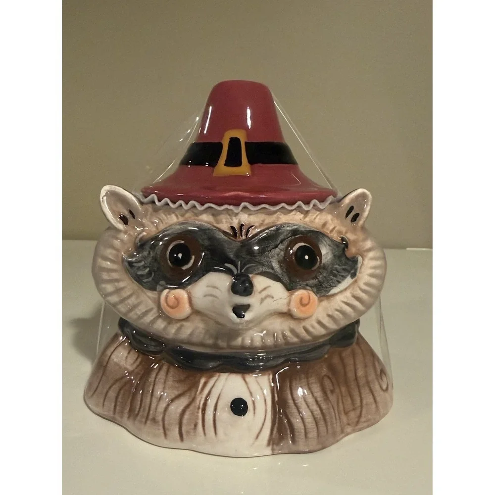 Johanna Parker Raccoon Pilgrim Hat Candy Cookie Canister Jar Fall RARE